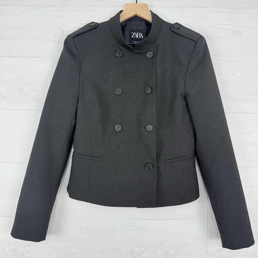 Zara Fitted Blazer Jacket with Tabs Medium Dark‎ Gray Academia Double Breasted - Picture 15 of 16